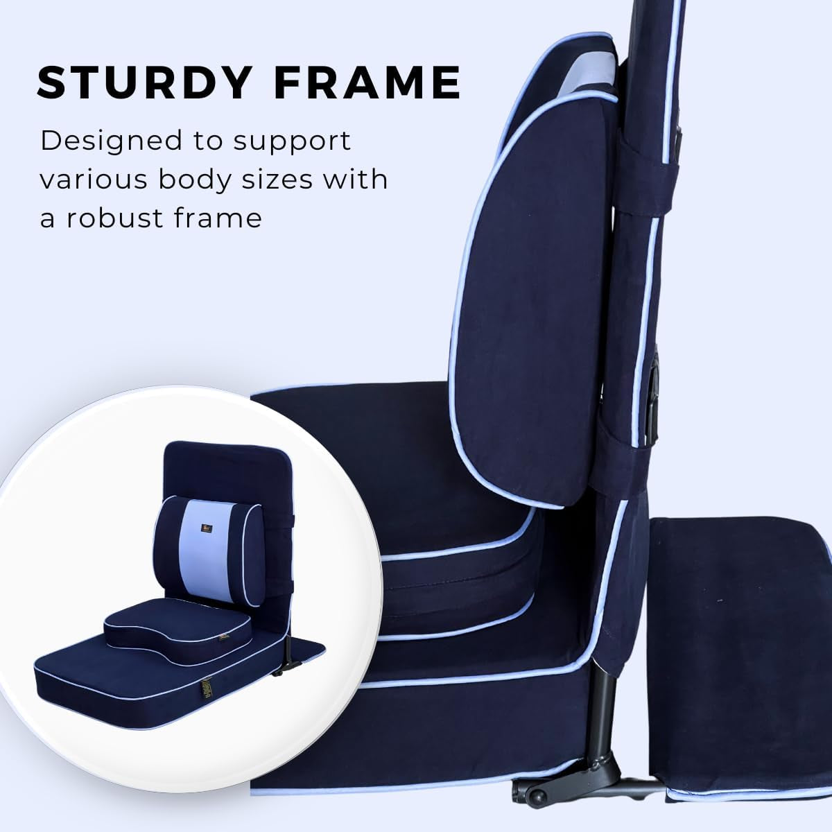 Extra Large Meditation Chair and Yoga Chair W Back Support Cushion and Meditation Block | Yoga Chair for Adults | Premium Floor Chair | Portable | Navy Blue, Seat Size: 24X22 In