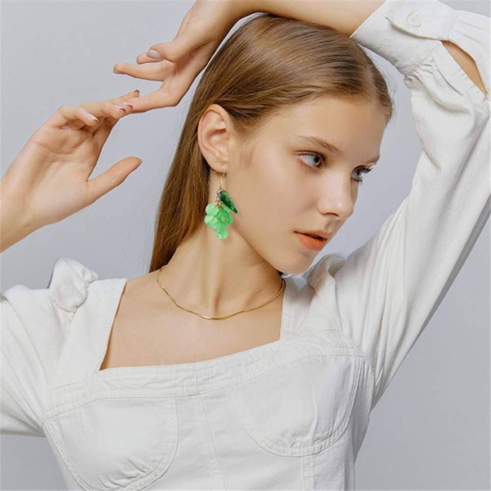 Unique Cute Creative Fruits Dangle Drop Earrings Sparkly Crystal Grape Earring with Green Leaf for Women Girls Statement Jewelry Gifts