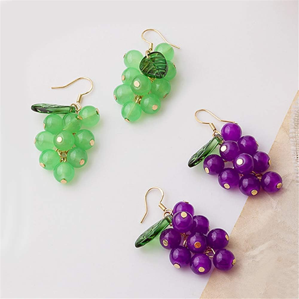 Unique Cute Creative Fruits Dangle Drop Earrings Sparkly Crystal Grape Earring with Green Leaf for Women Girls Statement Jewelry Gifts