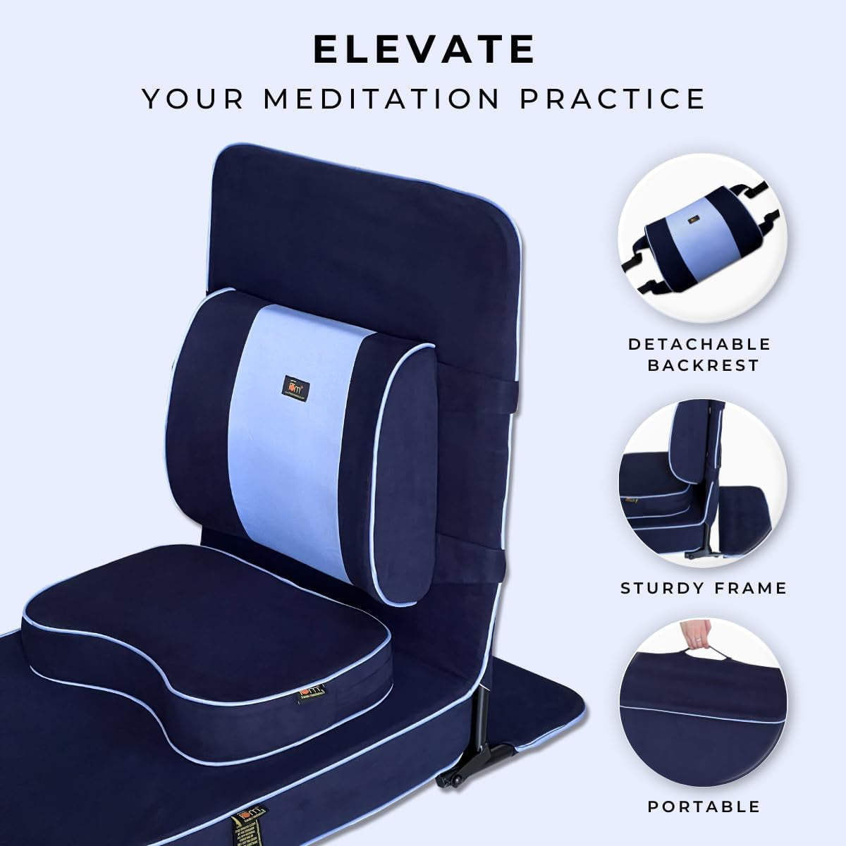 Extra Large Meditation Chair and Yoga Chair W Back Support Cushion and Meditation Block | Yoga Chair for Adults | Premium Floor Chair | Portable | Navy Blue, Seat Size: 24X22 In