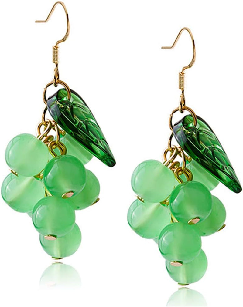 Unique Cute Creative Fruits Dangle Drop Earrings Sparkly Crystal Grape Earring with Green Leaf for Women Girls Statement Jewelry Gifts