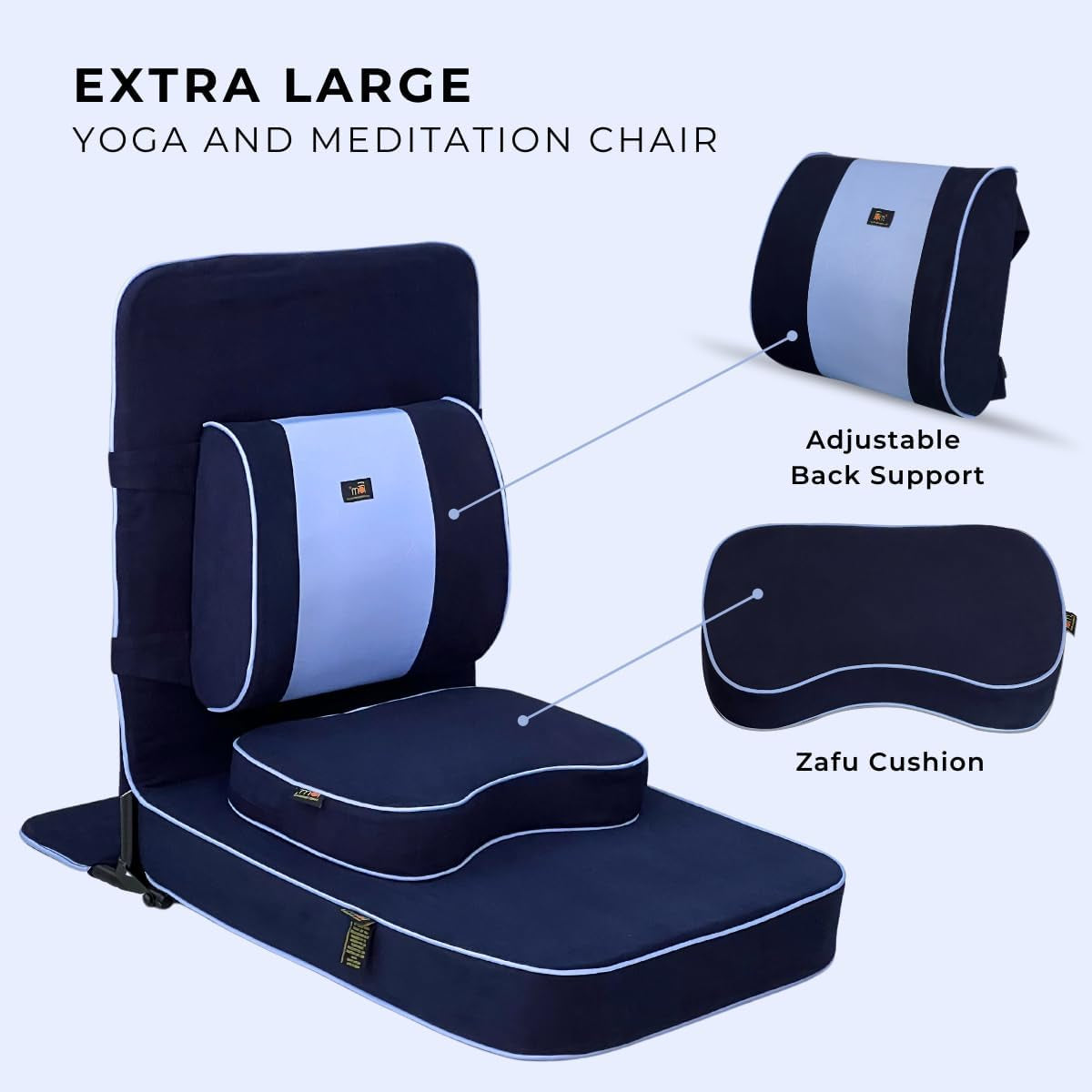 Extra Large Meditation Chair and Yoga Chair W Back Support Cushion and Meditation Block | Yoga Chair for Adults | Premium Floor Chair | Portable | Navy Blue, Seat Size: 24X22 In