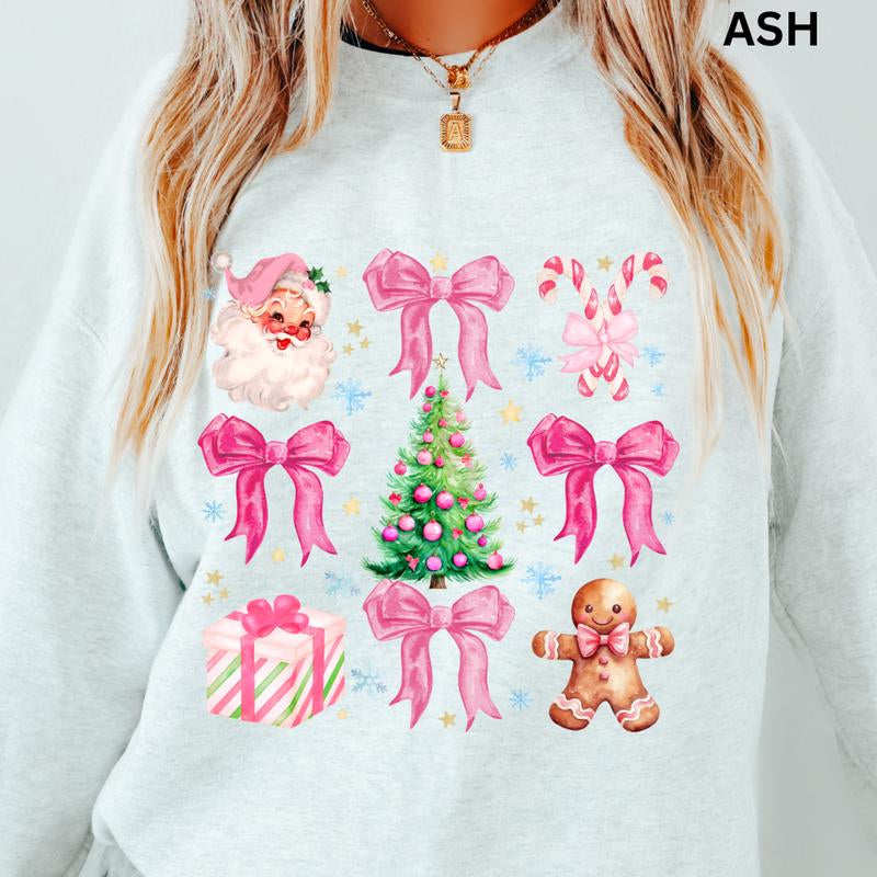 Merry Christmas Pink Doodles Christmas Winter Graphic Long Sleeve Casual Cotton Polyester Oversized Sweatshirt - Comfort