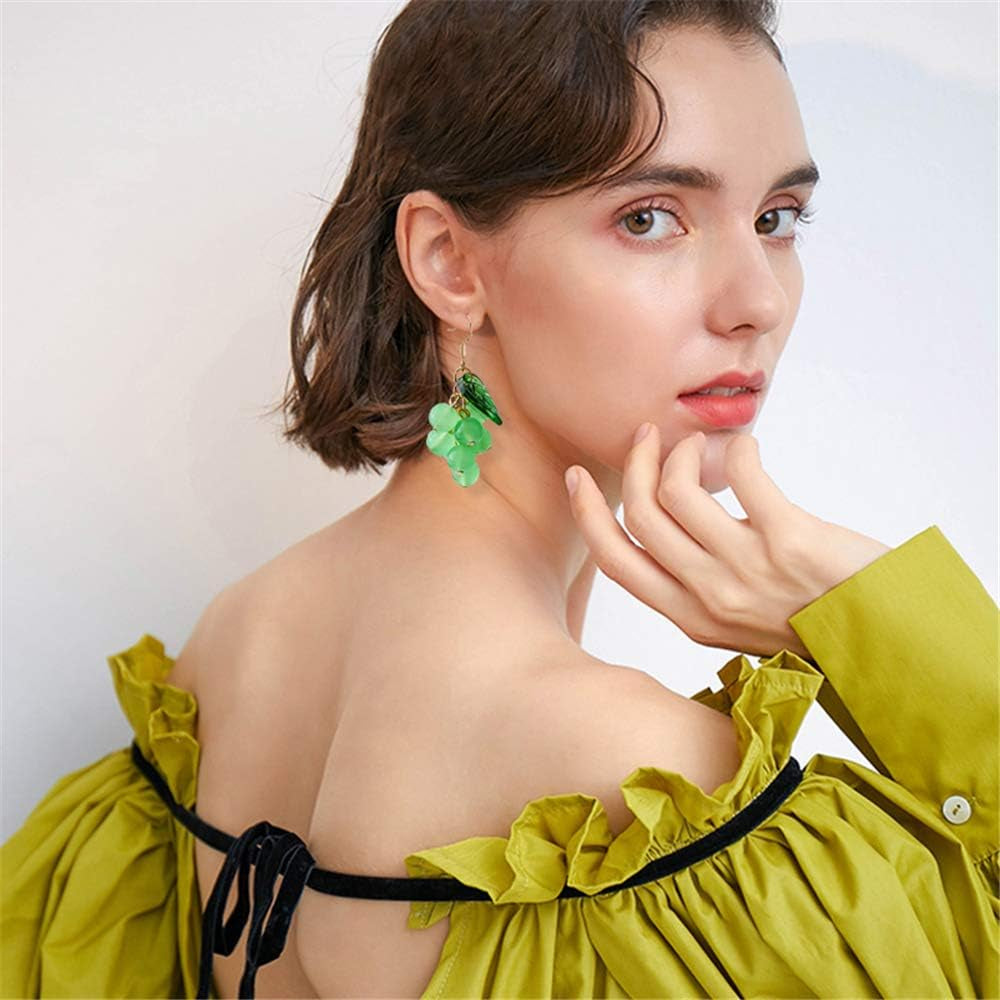 Unique Cute Creative Fruits Dangle Drop Earrings Sparkly Crystal Grape Earring with Green Leaf for Women Girls Statement Jewelry Gifts